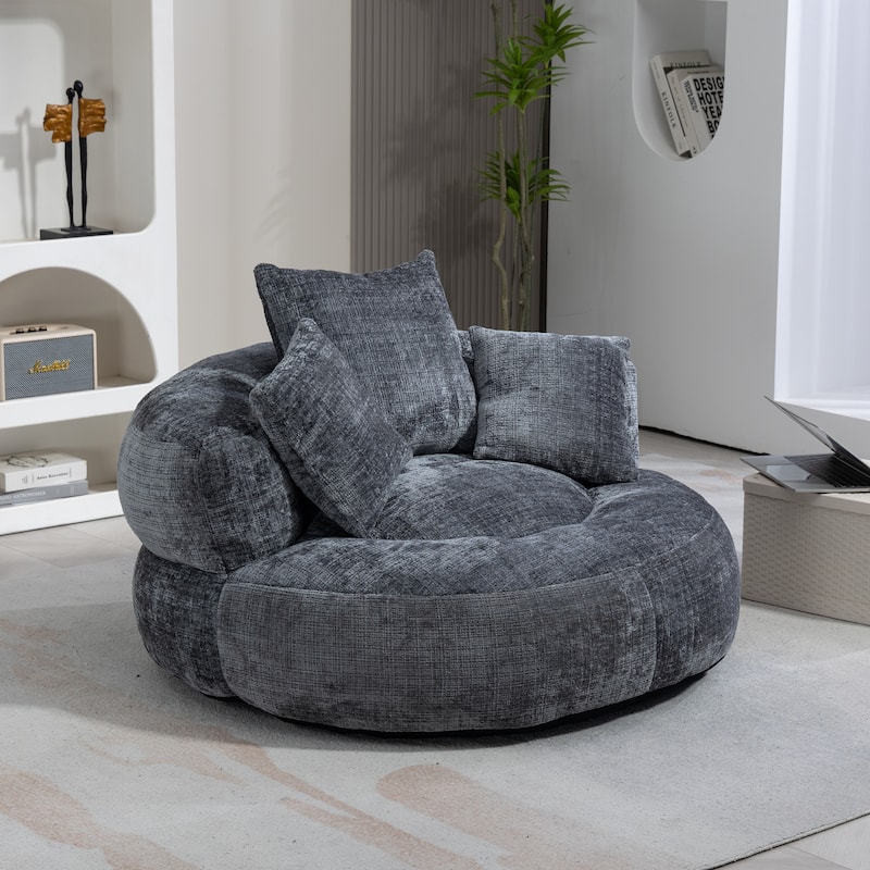 Chenille Oval Bean Bag Chair, Memory Foam Filling Lazy Sofa, Adults Lounge Chair with 3 Pillows & Semi-Wraparound Armrests
