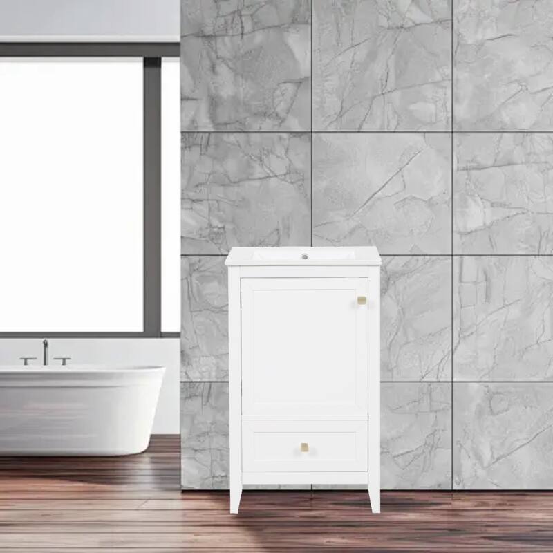 Compact 20" Bathroom Vanity with Sink, Soft Closing Door, Storage Rack & Drawer, Modern MDF Cabinet - White