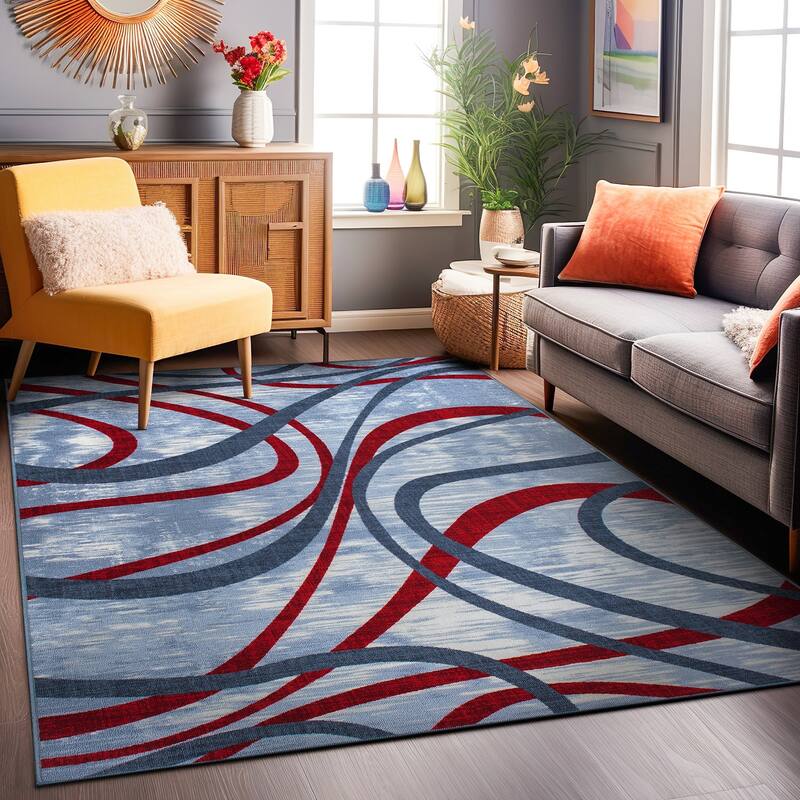 Contemporary Distressed Abstract Lines Non Slip Area Rug
