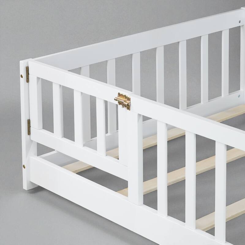 Twin Size Floor Bed with Fence and Door, Rubber Wood Frame with Safety Guardrails