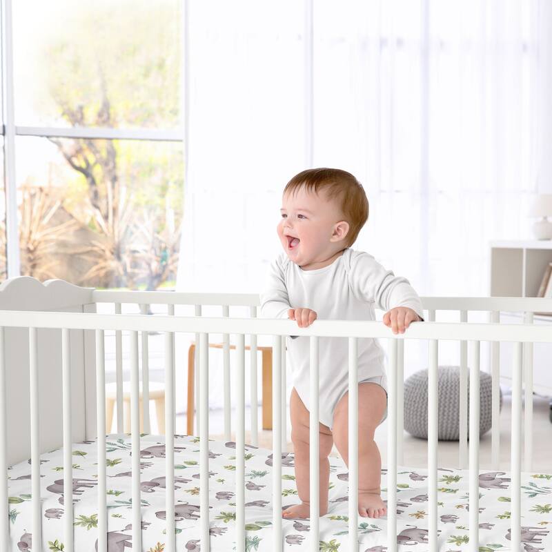 Sweet Jojo Designs Watercolor Elephants Boy Girl Gender Neutral Fitted Crib Sheet Green Grey Jungle Safari Palm Trees Leaf Gray
