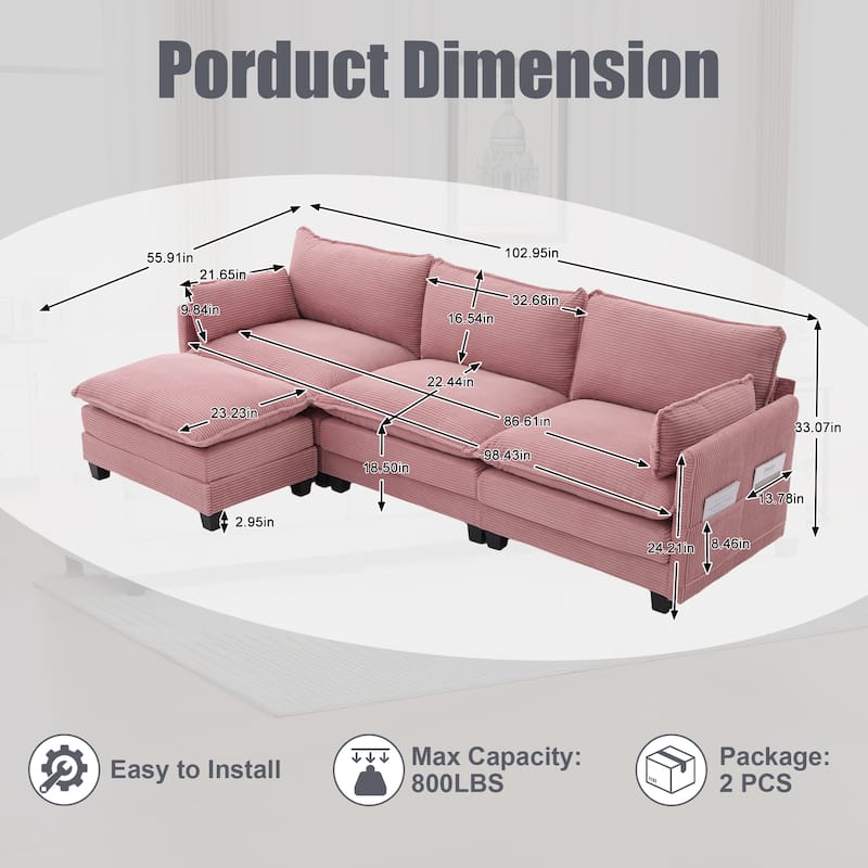 Oversized Modular Sectional Sofa with Ottoman, 102 Inch 4 Seat Corduroy L Shaped Couch for Living Room