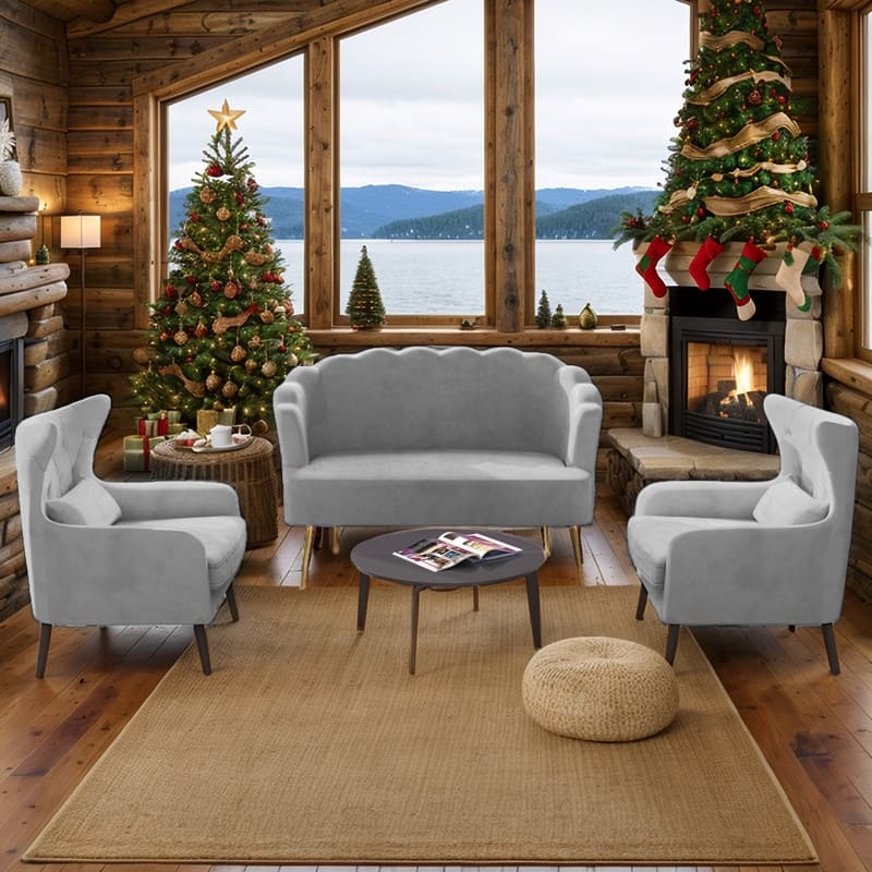 Velvet Tuft Thick Cushion Metal Legs Loveseat Two Accent Chairs
