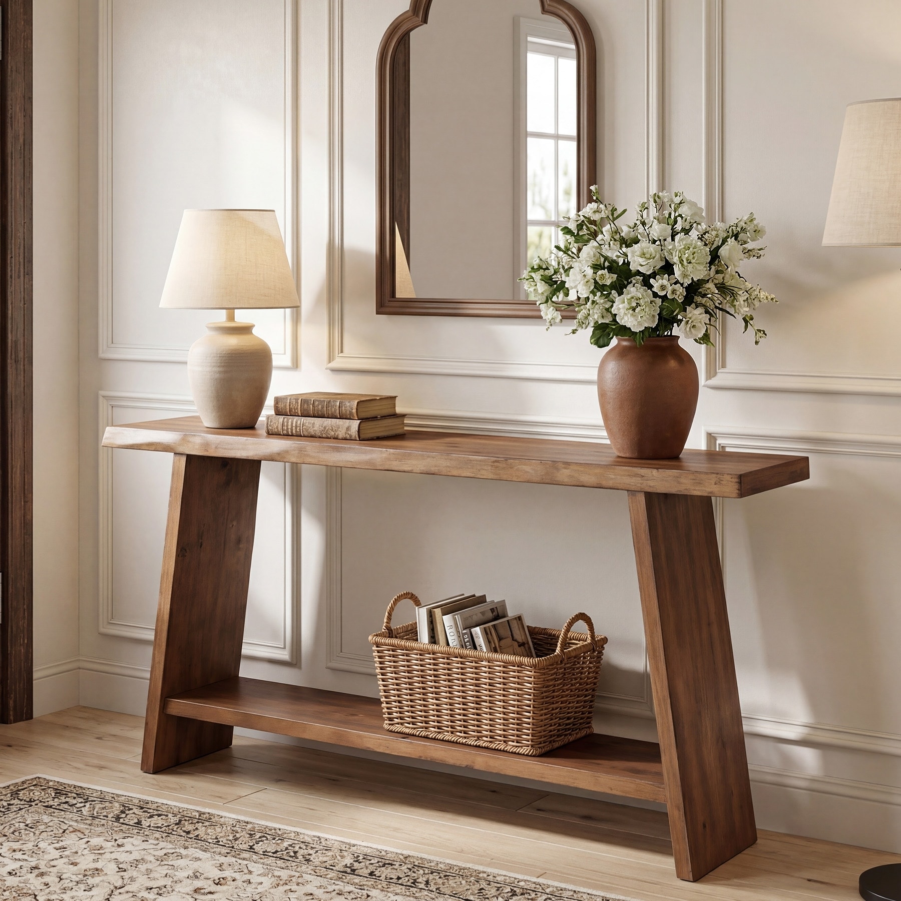 62.99" Solid Wood Console Table, Entryway Table with Storage Shelf