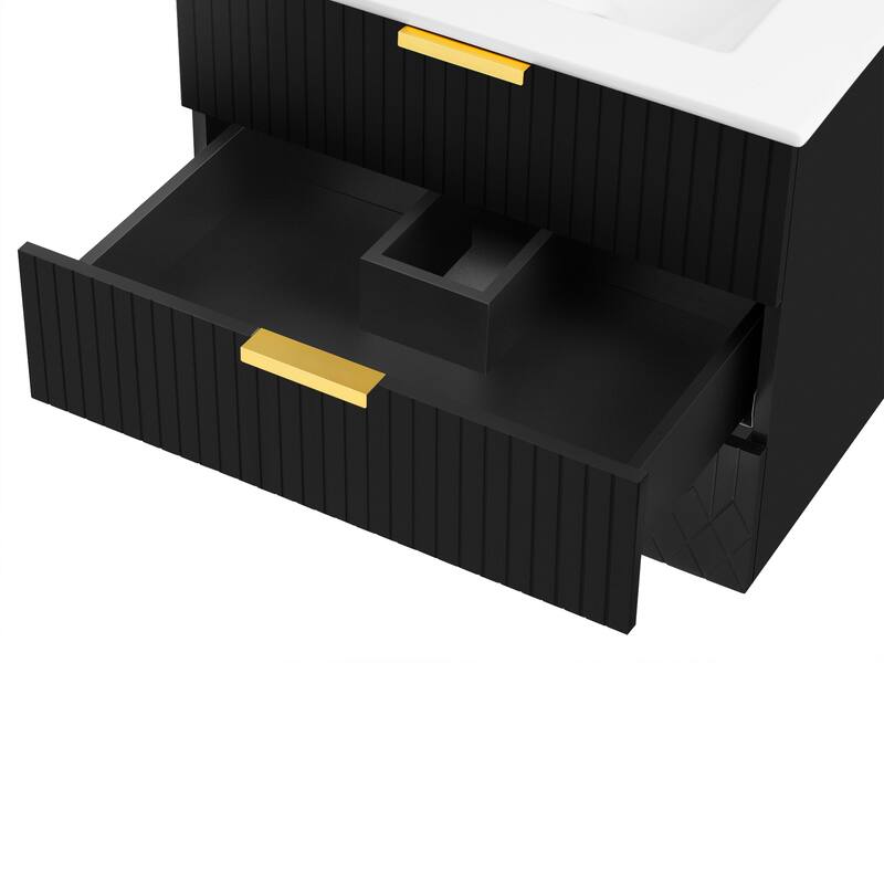 Roomfitters 24 Inch Wall Mounted Floating Vanity, Modern Small Bathroom Cabinet with Ceramic Basin Sink & 2 Sliding Tiers