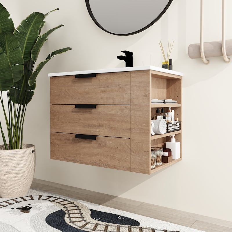 Malwee 30" Floating Bathroom Vanity, Wall Mounted Bathroom Vanity with Resin Sink,Soft Close Drawers and Side Adjustable Shelves - Brown - Right Shelf