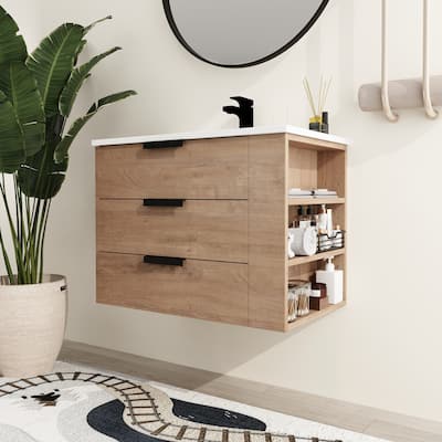 Malwee 30" Floating Bathroom Vanity, Wall Mounted Bathroom Vanity with Resin Sink,Soft Close Drawers and Side Adjustable Shelves