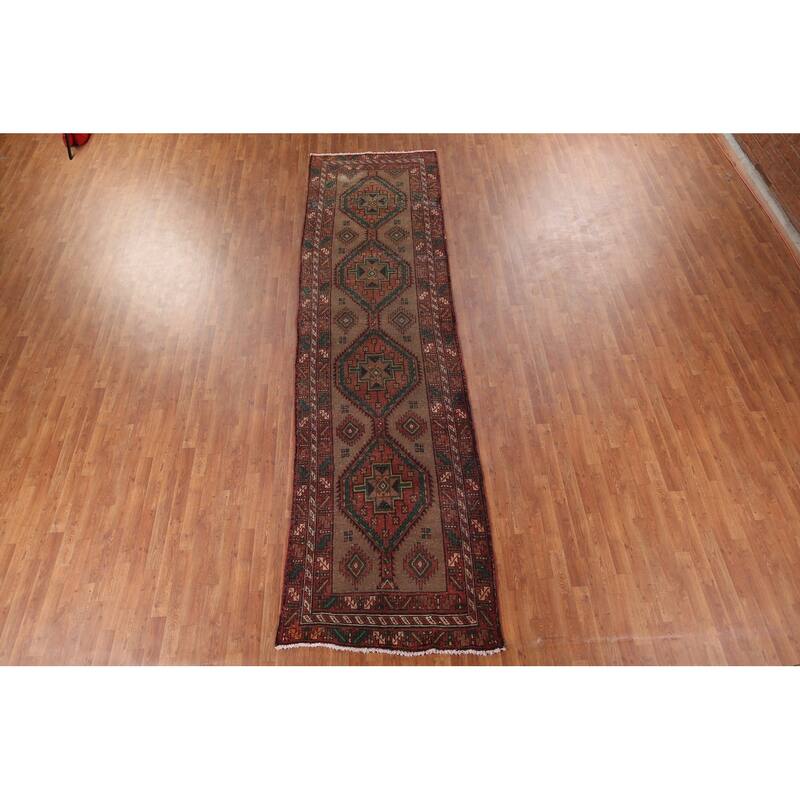 Brown Ardebil Persian Vintage Runner Rug Handmade Wool Carpet - 3'10" x 13'10"