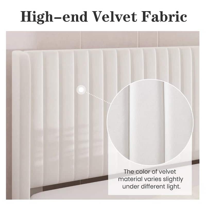 White Velvet Upholstered Platform Bed Frame with Wingback Headboard