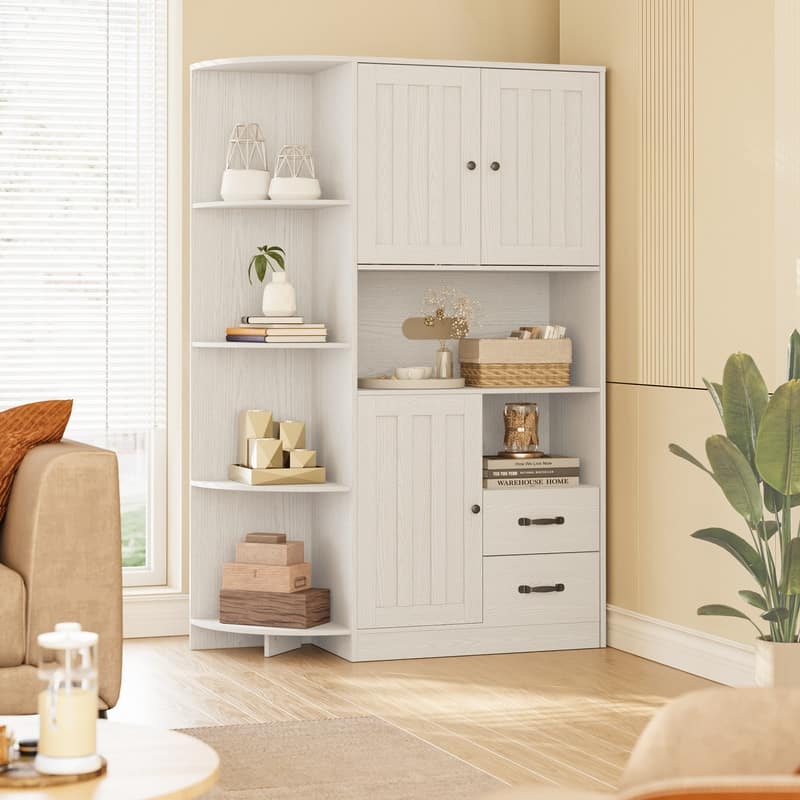 Farmhouse Kitchen Storage Cabinet with Doors and Open Shelves, Buffet Sideboard with Microwave Shelves and Drawers