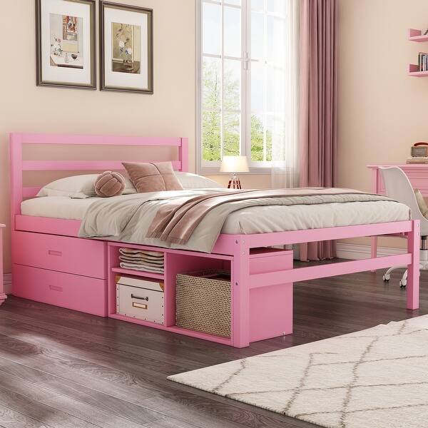 slide 2 of 10, Full Size Platform Bed with Built-in Two Storage Drawers, Wood Storage Bed with Built-in 2 Drawers and Headboard - Pink Pink - Full