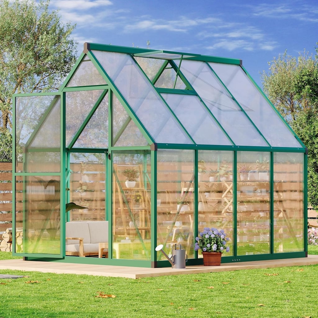 6 x 7 ft Greenhouse, Polycarbonate Walk-in Greenhouse with Aluminum Frame Green - 6*7FT