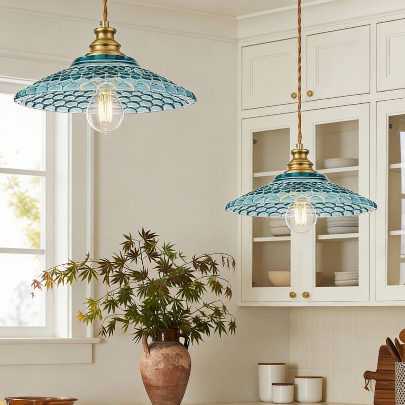 1-Light Vintage Brass & Textured Blue Glass Pendant Light for Kitchen Island - 1 Light