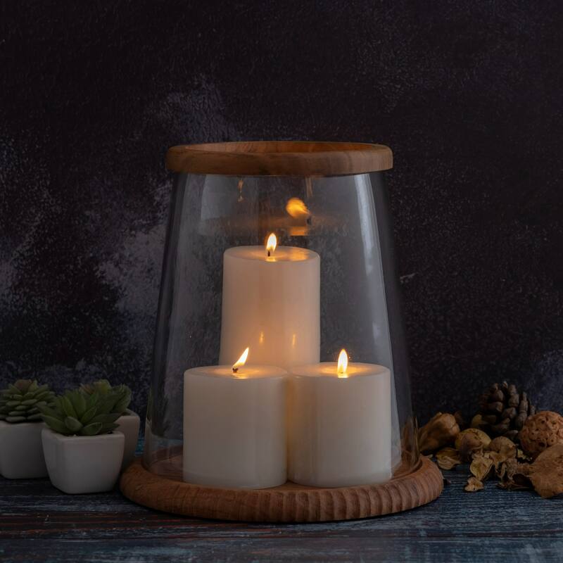 Tapered Glass Candle Lantern with Acacia Wood Base - 11.5"