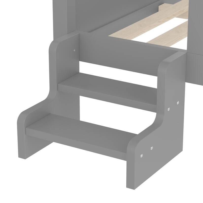 Low Profile Stairs Platform Bed Wood House Bed with Cute Star-shape Roof, Window, Bookcase and Blackboard for Boys and Girls