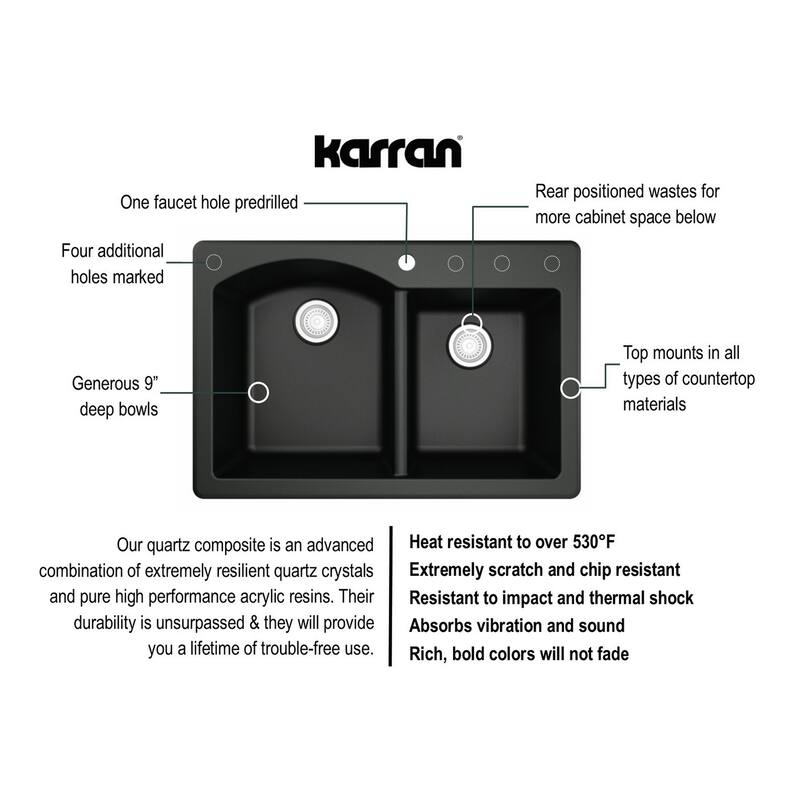 Karran All in One Drop-In Quartz 33 in. Double Bowl 60/40 Kitchen Sink in Black with KKF210 Faucet in Stainless Steel
