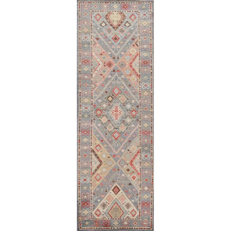 Hand Knotted Oriental 100% Wool Carpet Transitional Geometric Navy Blue & Blues Oushak Runner Rug - 12' 0'' X 3' 2''