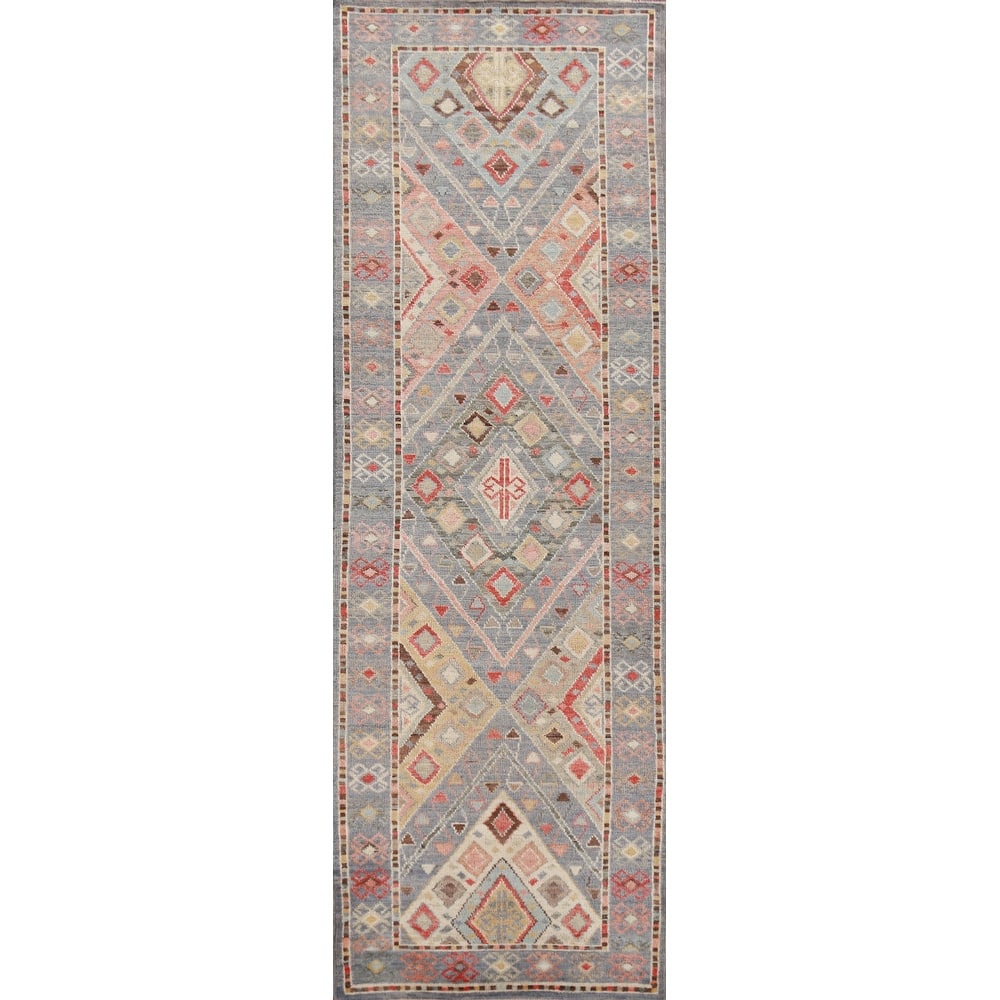Hand Knotted Oriental 100% Wool Carpet Transitional Geometric Navy Blue & Blues Oushak Runner Rug - 12' 0'' X 3' 2''