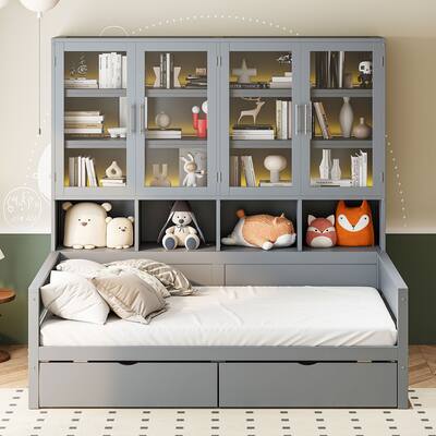 Corner Storage Bed Frame Wooden Platform Daybed with Storage Cabinets