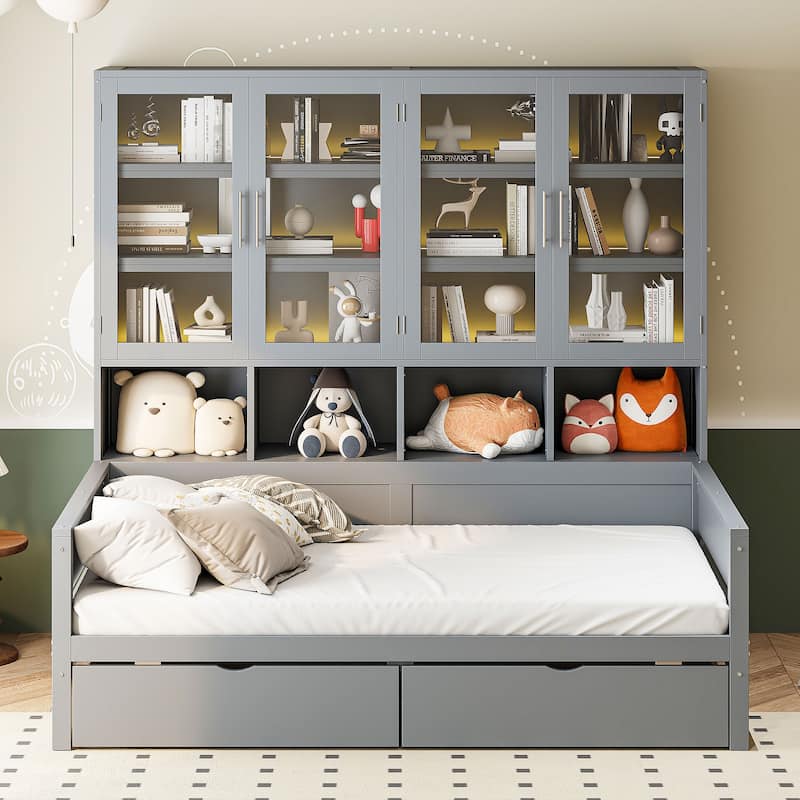 Twin Size Wooden Daybed with Glass-Door Storage, LED Lighting, and Shelves, Gray