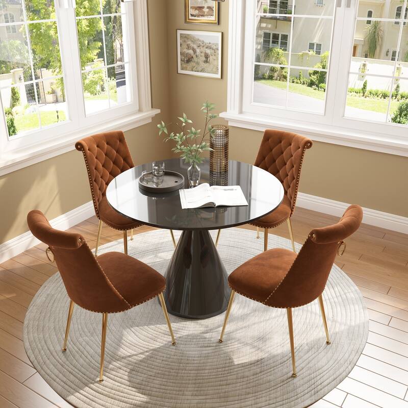 48" Light Luxury Black High Gloss Large Countertop Dining Table with Velvet Dining Chair Set