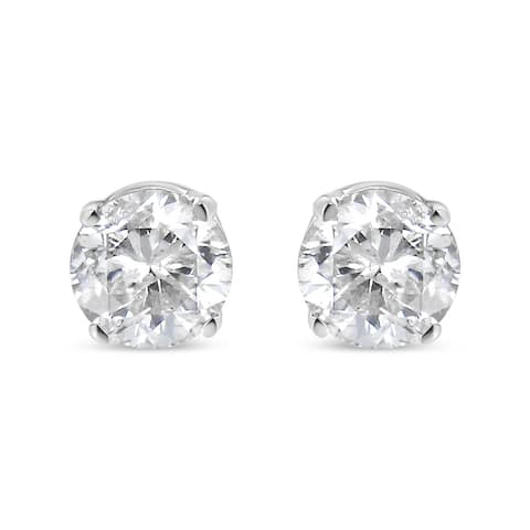 AGS Certified 14K White Gold 1.0 cttw 4-Prong Set Brilliant Round-Cut Solitaire Diamond Push Back Stud Earrings (H-I, I1-I2)