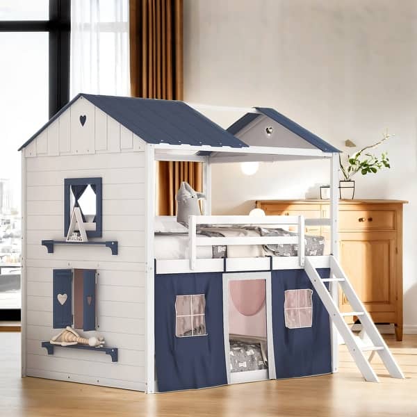 slide 2 of 11, Full Size House Shaped Bunk Beds With Bed Curtains Blue