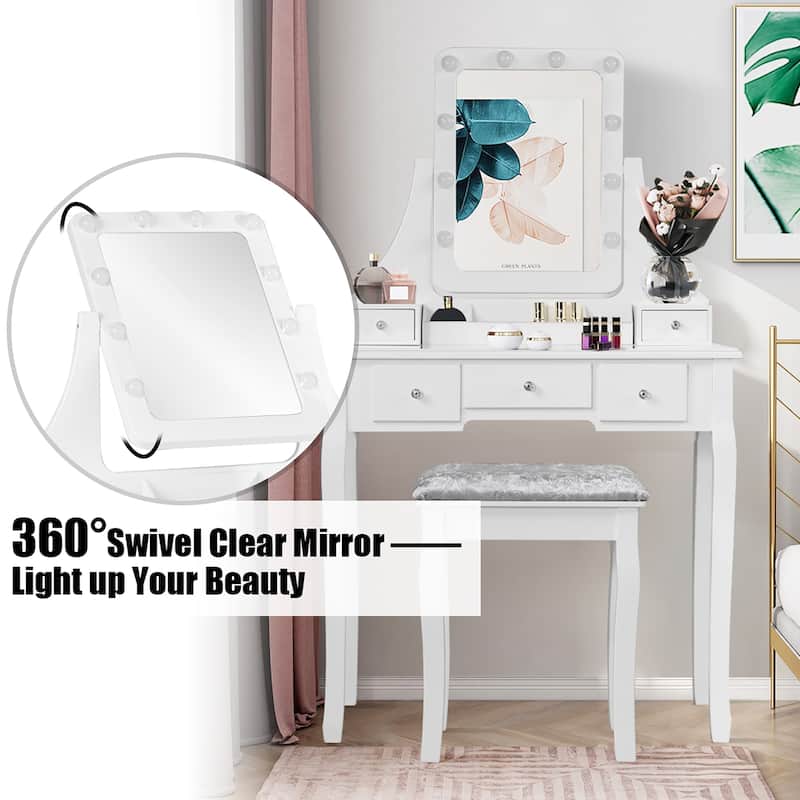 Costway Vanity Dressing Table Set w/ 10 Dimmable Bulbs Touch Switch