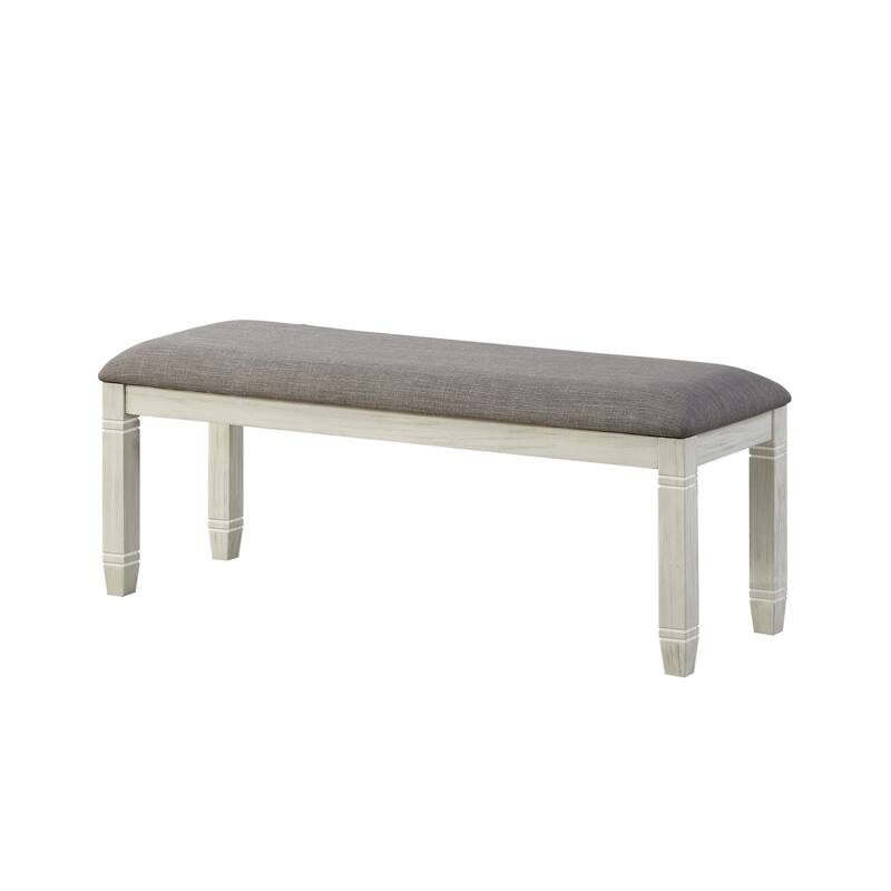 Fabric Upholstered Padded Bench with Tapered Feet, Antique White and Gray - 19.5 H x 16 W x 48 L