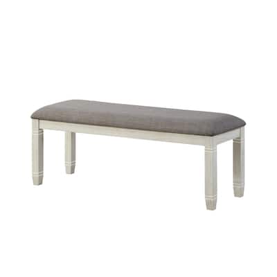 Fabric Upholstered Padded Bench with Tapered Feet, Antique White and Gray - 19.5 H x 16 W x 48 L
