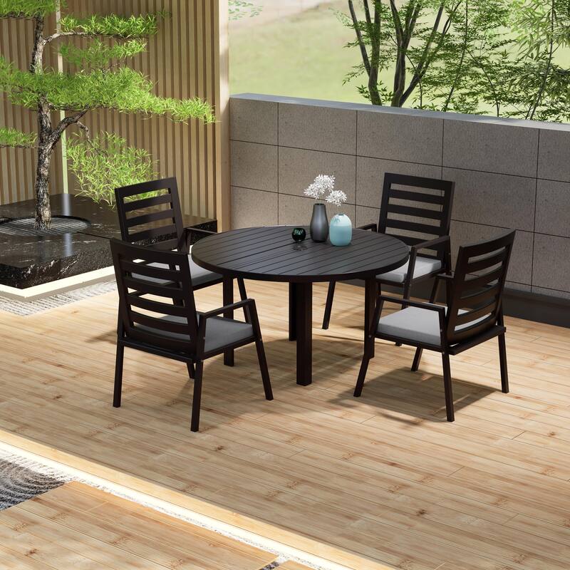 Chelsea 5-Piece Aluminum Outdoor Dining Set 48 in. Round Table and 4 Dining Armchair w/ Cushions
