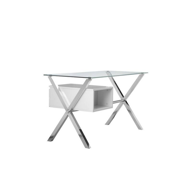 Tia 51 Inch Small Office Desk, Glass Tempered Top, 2 Drawers, White Finish