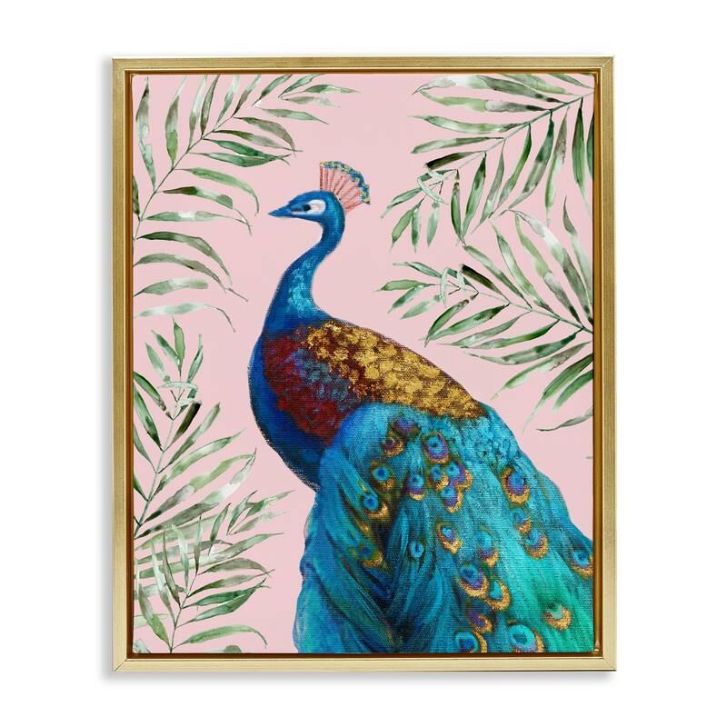 Stupell Elegant Peacock & Palm Sprigs Framed Floater Canvas Wall Art Design By Nan - 17 x 21 - Gold
