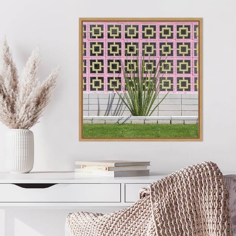 Mid Century Breeze Block Wall with Cactus by Tom Windeknecht Framed Canvas Wall Art Print - Sylvie Natural