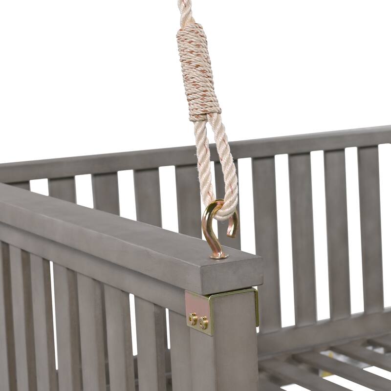 Patio Minimalist Twin Size Garden Swing Bed Wood Porch Swing with Ropes for Backyard, Safe Sloped Design, Gray