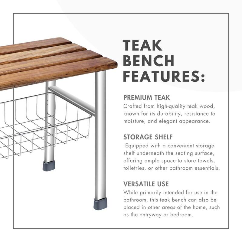 Deluxe Teak and Stainless Steel Shower Seat Organizer (No Handles) - Bathroom Shower Stool, Chair, and Storage - 19.7 x 13 x 6.4