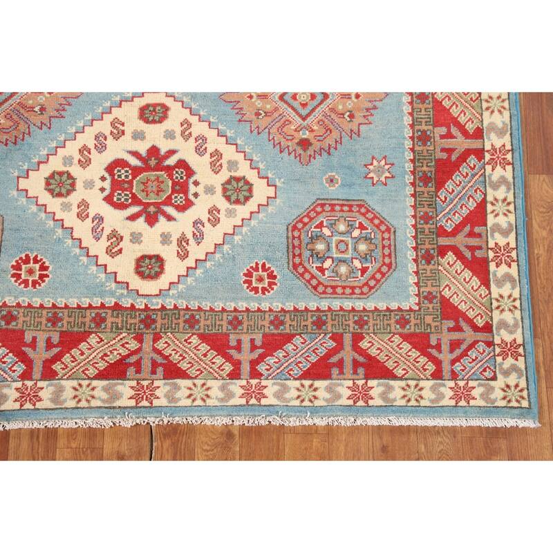 Light Blue Kazak Oriental Area Rug Hand-Knotted Geometric Wool Carpet - 5'0" x 6'5"