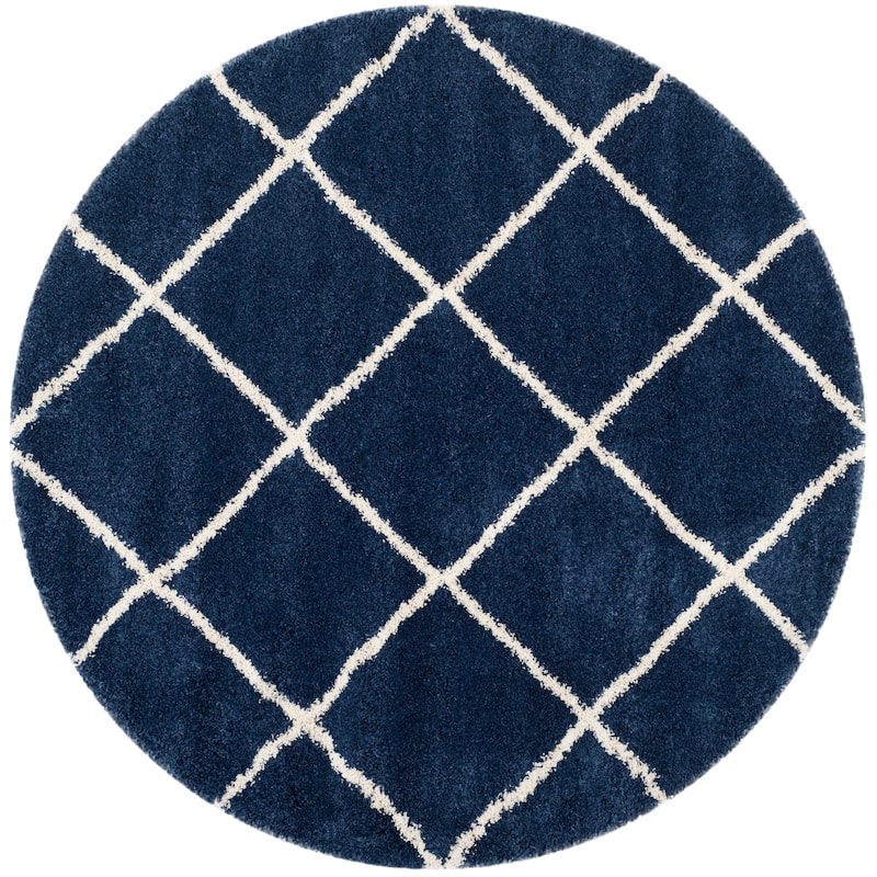SAFAVIEH Hudson Shag Estella Diamond Trellis 2-inch Thick Rug - 5' x 5' Round - Navy/Ivory