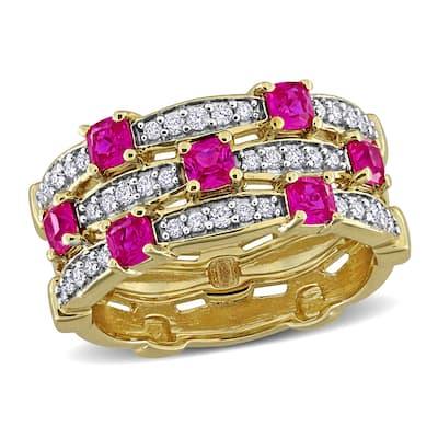 Miadora 1ct TGW Created Ruby and 1/3ct TW Lab-Grown Diamond Triple Row Ring in Yellow Plated Sterling Silver