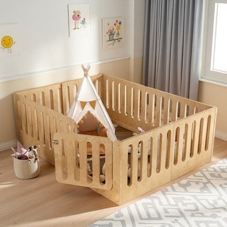 Queen Size Montessori Floor Bed with Door & High Fence, Solid Wood Low-Profile Sleep and Play Bed Frame