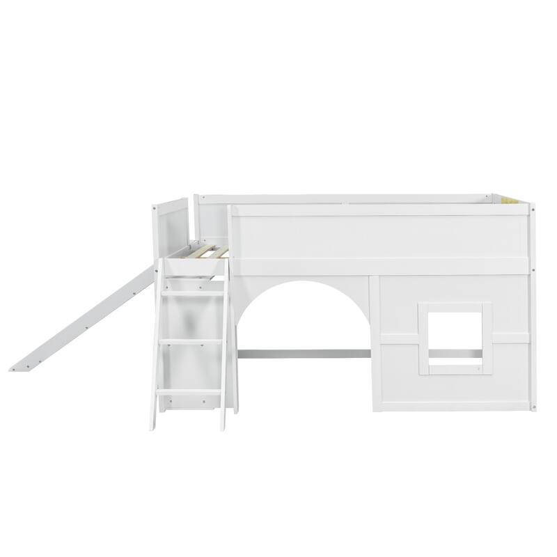 Full Size Wooden All-in-One Fairytale Low Loft Bed with Side Storage Shelves and Slide, Door and Window Design