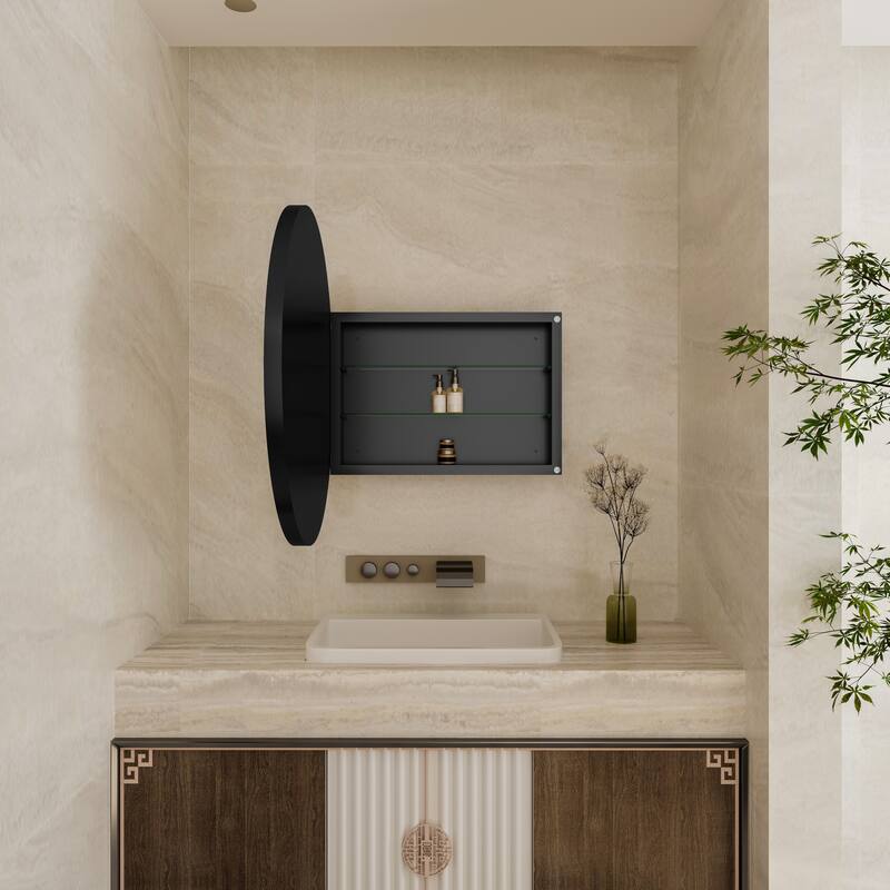 31.5 Inch Surface Mount Round Metal Framed Medicine Cabinet with Mirror and Adjustable Shelves Black Wall Mirror with Storage