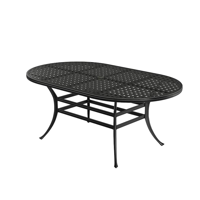 72" Outdoor Dining Table Cast Aluminum Classic Lattice Elliptical Shape Patio Table with Umbrella Hole