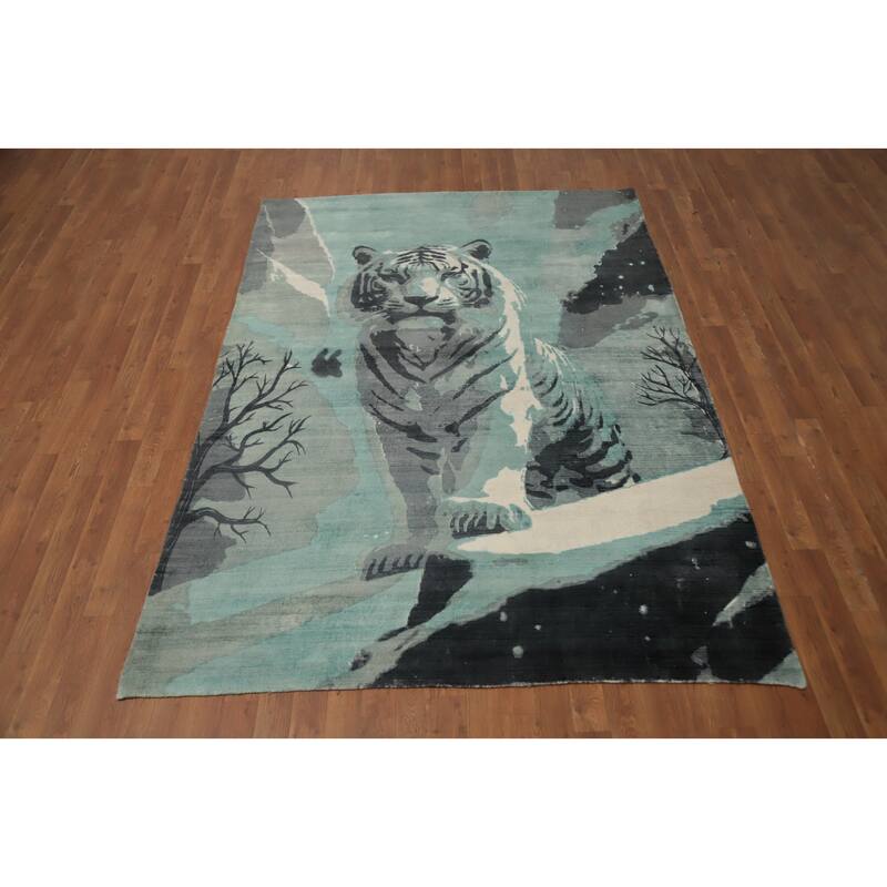Hand Knotted Oriental Viscose Silk Carpet Modern Animal Pictorial Green Abstract Area Rug - 7' 10'' X 5' 6''