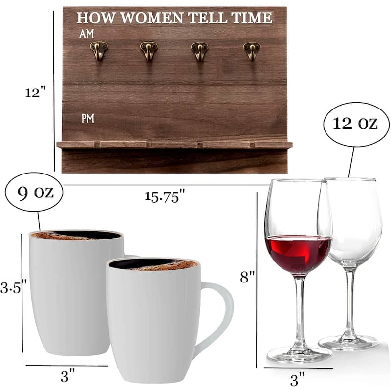 "How Mom Tells Time" Wall Mounted Wine Rack - Unique Funny Wine Gift for Her -4 Wine Glasses, and Mugs Included