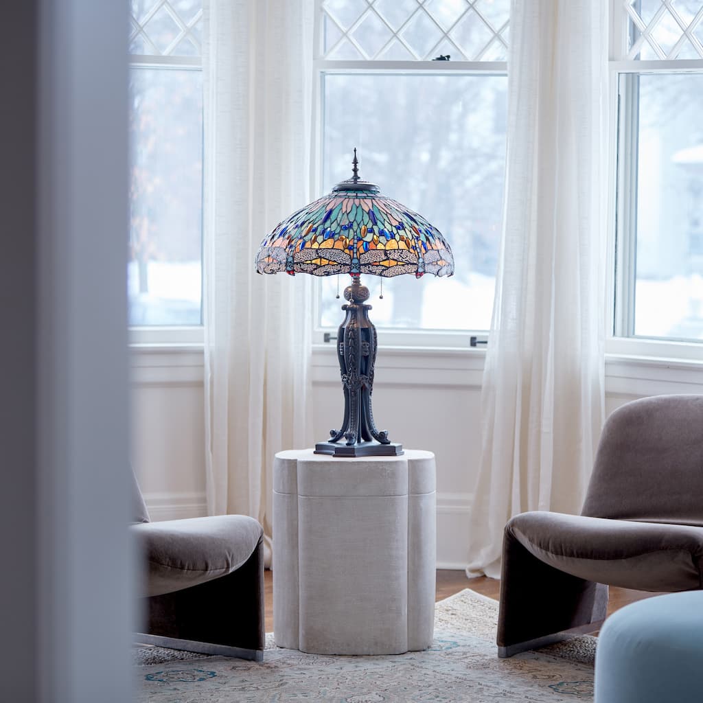 Multi Dragonflies River of Goods Tiffany-Style Multicolored Stained Glass 35-Inch Table Lamp - 22" x 22" x 35"
