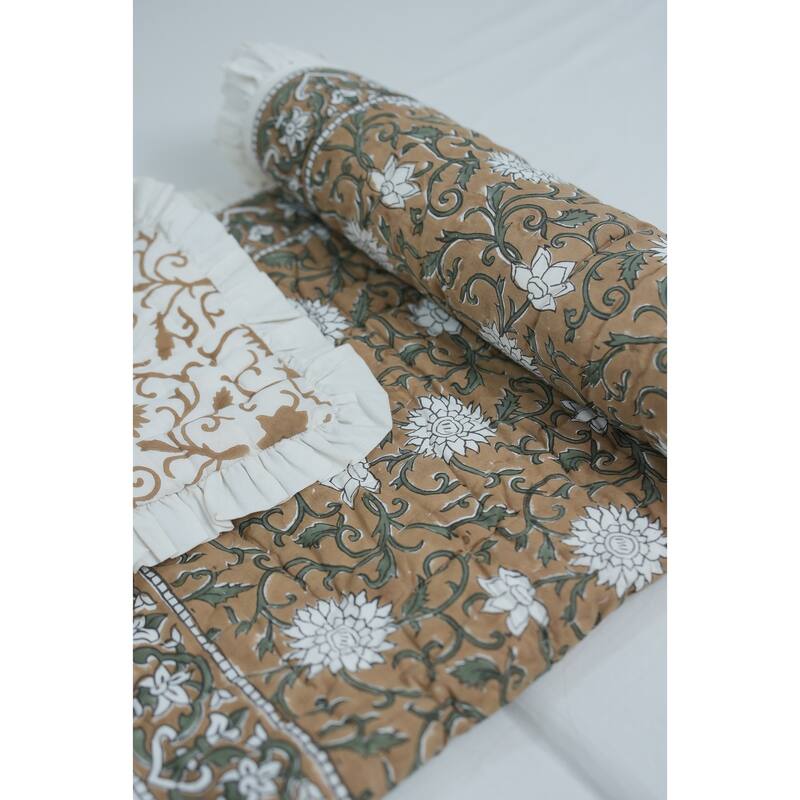 Fabdivine Luxury Hand Block Print Cotton Quilt Floral Boho Bedding for Bedroom & Sofa, Mustard, Handmade Reversible Bedspread - 68" X 86" - Mustard, Green