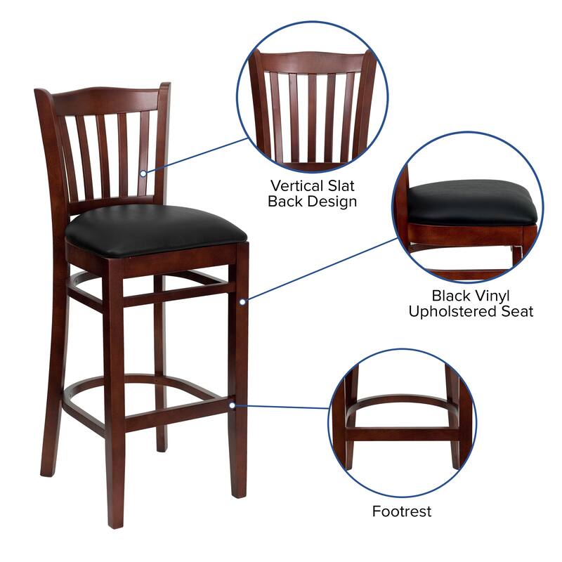 Vertical Slat Back Wooden Restaurant Barstool - Hospitality Seating - 17.5"W x 19"D x 43.75"H - 17.5"W x 19"D x 43.75"H