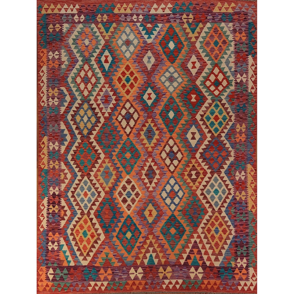 Colorful Kilim Oriental Area Rug Flatweave Orange Wool Carpet - 7'9"x 10'2"