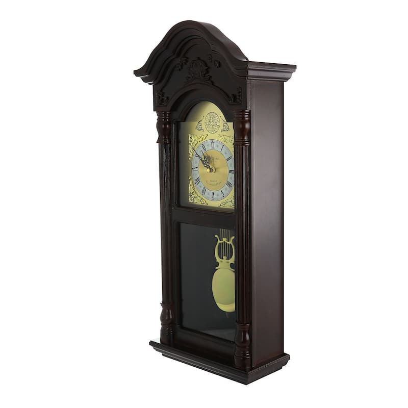 25.5 Inch Mahogany Cherry Oak Wall Clock With Chimes - Brown